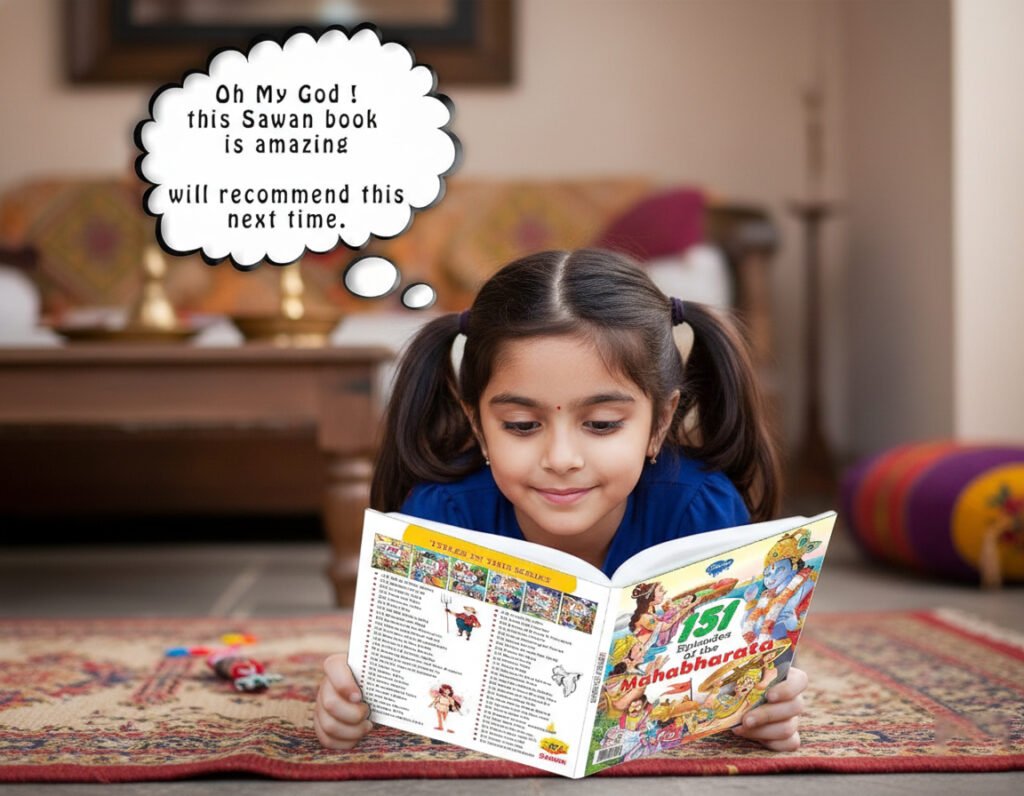 Kid enjoying a storybook from Vasantha Prakashana to improve reading skills and imagination